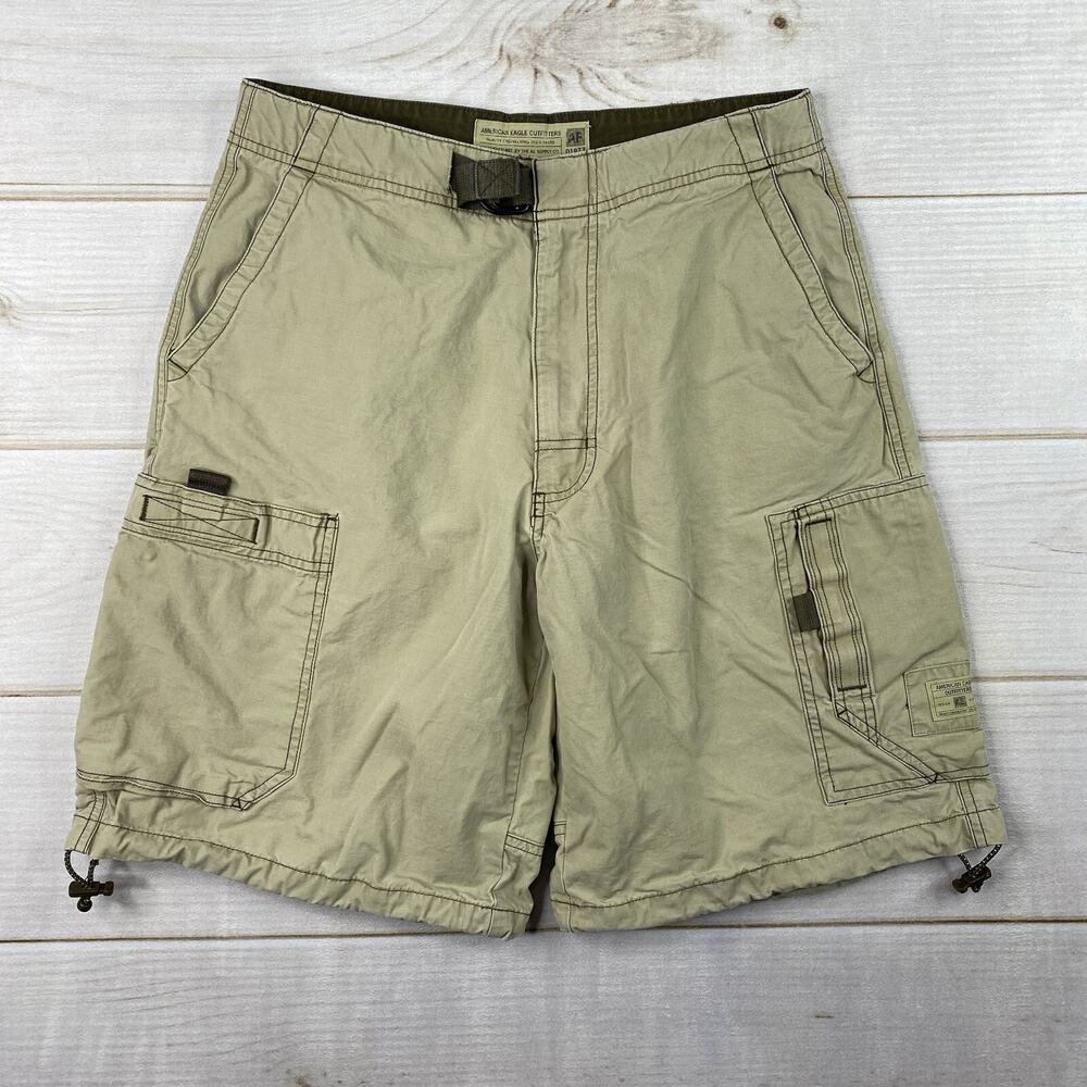 American Eagle Shorts Mens 31 Tan Khaki Cargo Pockets Belted Adjustable Leg